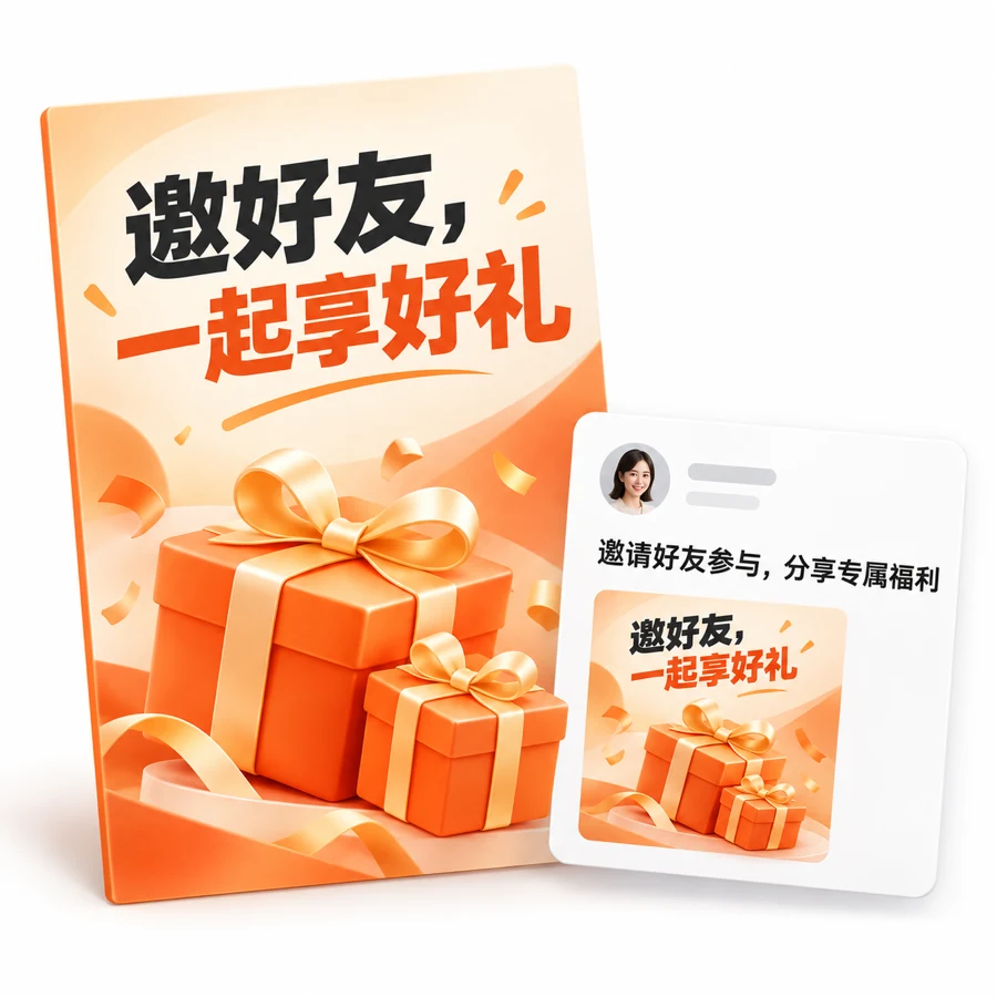 同一场老带新活动的推广海报与分享文案示意